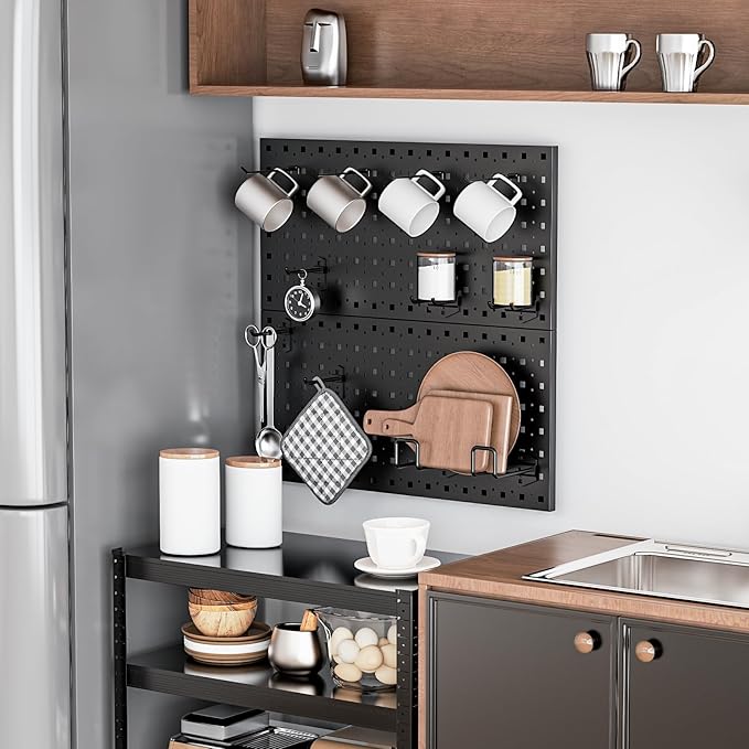 Peg Board, 2 Pack Metal Pegboard Panels Pegboards Wall Organizer with 12Pcs Hooks, Peg Board for Walls Garage Tool Storage Office Organization Kitchen Craft Room (Black, 2PCS with 12 Hooks)