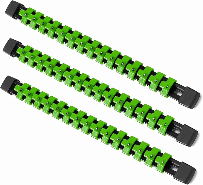 ALOANES 3 PC ABS Socket Organizer, 3/8 inch, Drive Socket Rail Holders, Heavy Duty Socket Racks, Black Rails with Green Clips