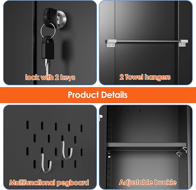 Aobabo Metal Cleaning Tool Storage Cabinet with Lockable Door, 13 Hooks and Towel Racks, Broom Closet Storage Cabinet for Janitorial Supplies, 71.37" H×33.93" W×16.92" D, Assembly Required, Black
