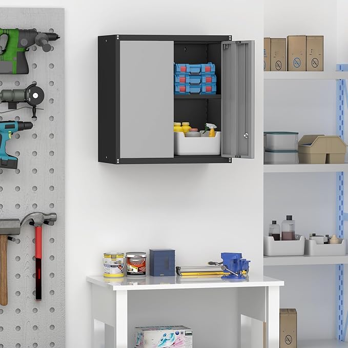 Metal Garage Wall Cabinet, 28" Wall Mount Storage Cabinets with Locking Doors and Shelf, Metal Small Storage Cabinets for Garage, Laundry Room, Kitchen, Pantry