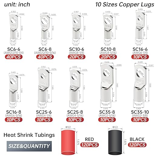 180Pcs AWG2 4 6 8 10 12 Thickened Tinned Copper Electric Wire Lugs，Heavy Duty Battery Cable Lug Ends Ring Terminal Connectors，240Pcs 3:1 Heat Shrink Tubing Assortment Kit (420Pcs)