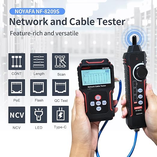 NOYAFA NF-8209S Network Cable Tester, Ethernet Cable Tester with CAT5, CAT6 Line Tracer, PoE, NCV, QCFunction,Length Test, Port Flashing,Fault Line Scan for Cable Grooming,LAN Network Cable Tracer Kit