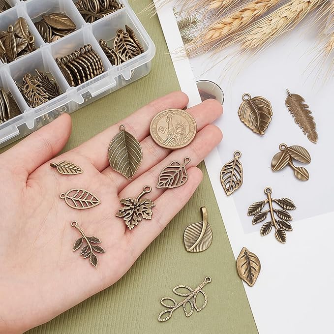 PH PandaHall 150pcs 15 Styles Tree Leaf Charms Pendants, Tibetan Branch Leaves - Image 6