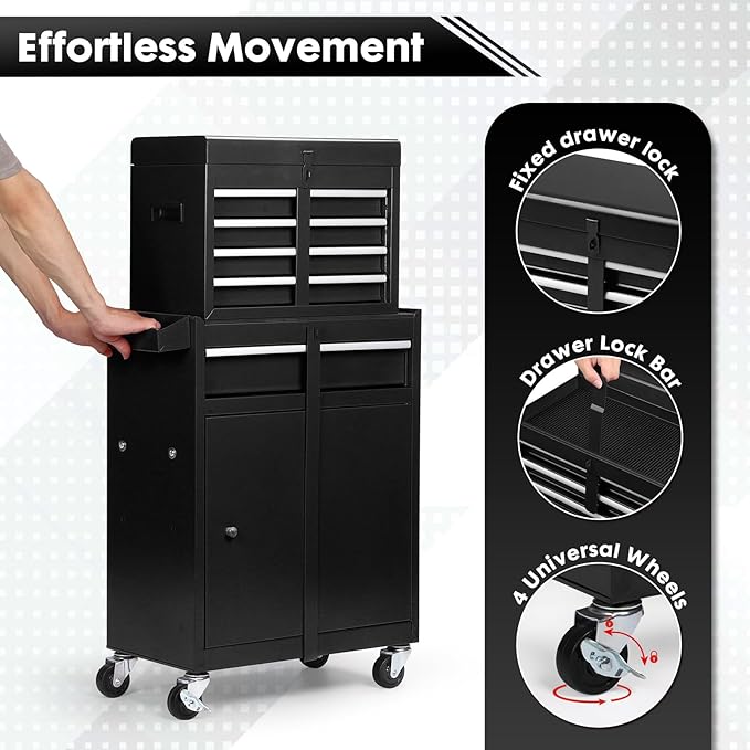5-Drawer Rolling Tool Chest with Wheels - High Capacity Tool Cabinet with Detachable Top Toolbox for Garage and Workshop Organization - Metal Tool Cart with Liner & 4 Hooks, Black