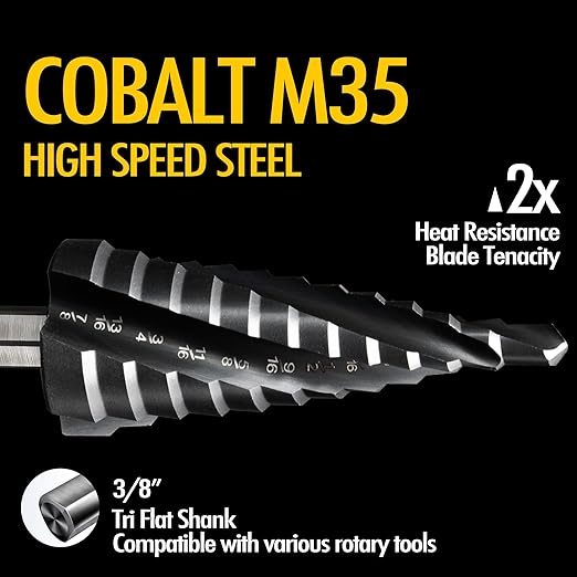 Four Spiral Flute Cobalt Step Drill Bit, 1/4" - 1-3/8" M35 TiAlN Coating Impact Ready Unibit Step Drill Bit, Tri-Flat Shank Shank Step Bit for Metal, Stainless Steel, Aluminum, Plastic