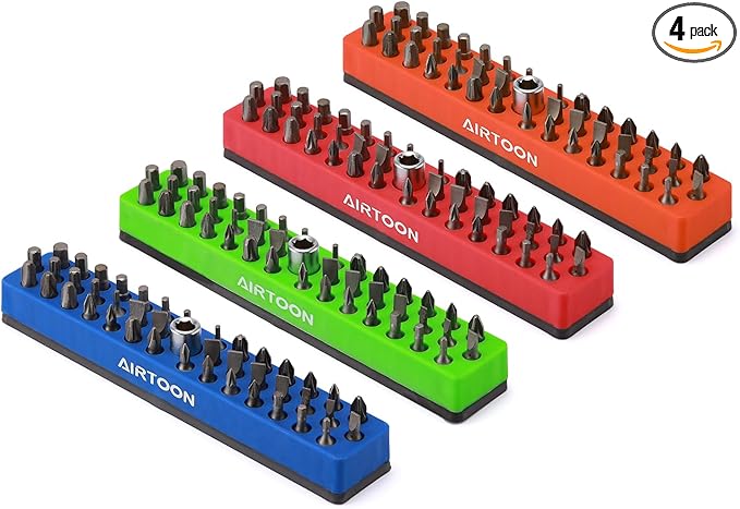 AIRTOON 4PCS 1/4" Magnetic Hex Bit Holder, 43 Holes Bit Storage with Strong Magnetic Base, Magnetic Screwdriver Bit Organizer, Red, Blue, Green and Orange