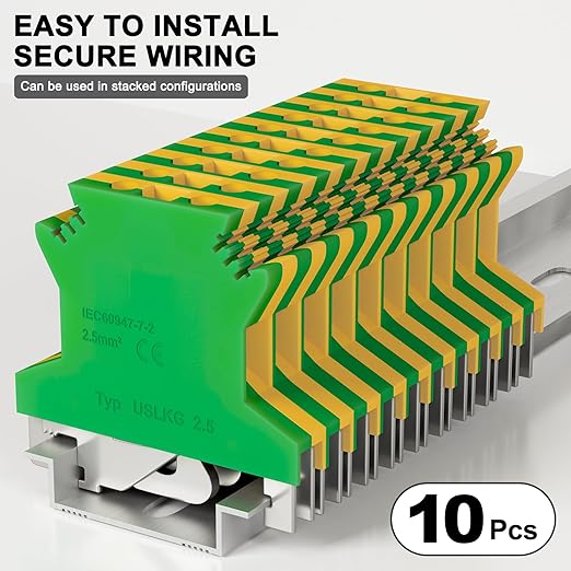 10 Pcs USLKG2.5 Ground Circuit Connection Terminal Block, DIN Rail Mounted CENylon PA6 Terminal Blocks, 800V 32A, 2.5 mm²AWG