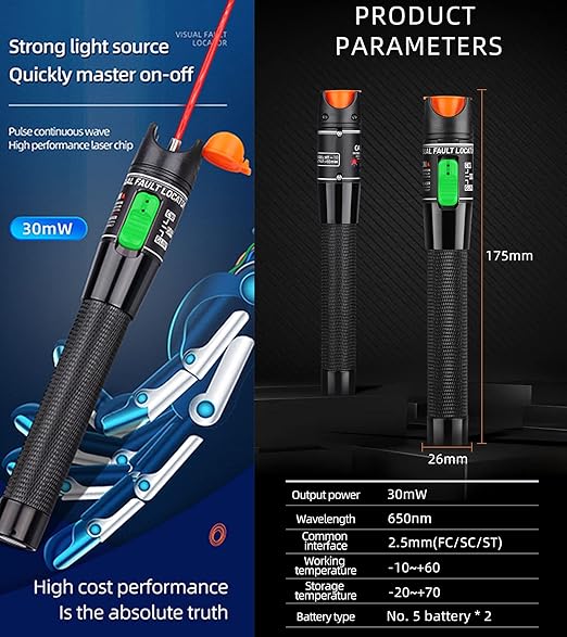 2pcs Professional Visual Fault Locator Fiber Optic Tester - Includes 2pcs 9/125μm Singlemode FC/LC Adapters | for Fiber Optic Cable Maintenance, Network Installation & Repair (Mode Number: VFL-30)