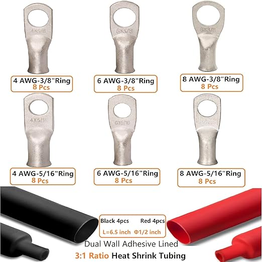 SVAAR 4 6 8 AWG Battery Cable Lug kit 56pcs Tinned Copper Battery Lugs Heavy Duty Wire Lugs with 5/16" or 3/8" Stud Battery Cable Closed End Tubular Ring Terminals Connectors with Heat Shrink Tubing.