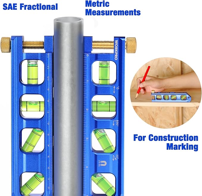 WORKPRO Magnetic Torpedo Level, Conduit Bending Level, Bubble Vials for 0°/90°/30°/45° Measurements, Aluminum Alloy Construction, 6.3-inch, Cobalt Blue