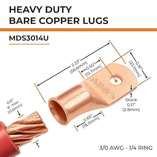 SELTERM 25pcs 3/0 AWG 1/4" Stud Battery Lugs, Ring Terminals, Heavy Duty Copper Wire Lugs, Battery Cable Ends, 000 Gauge Ring Terminal Connectors, UL Bare Copper Eyelets Electrical Battery Cable Lugs