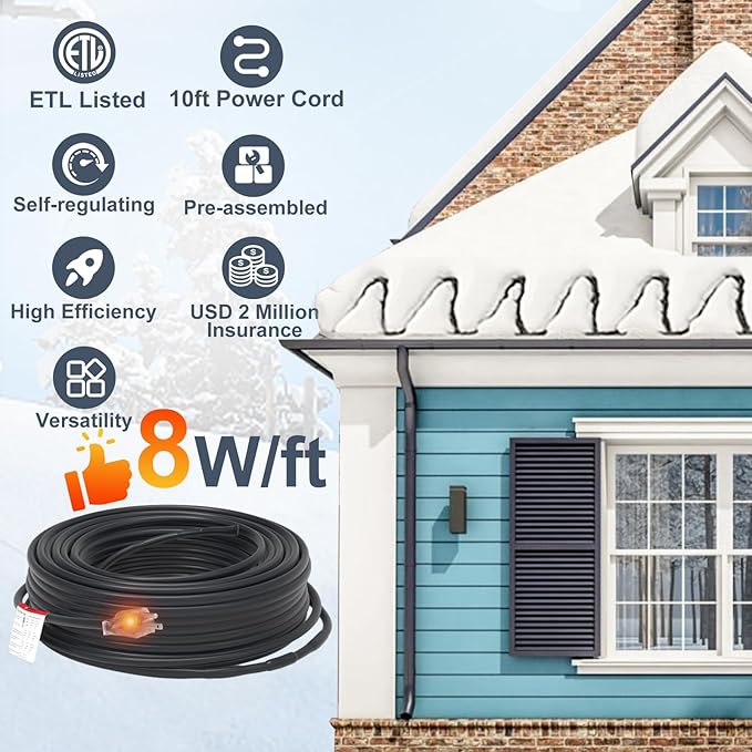 HEATIT 8JHSF1 Self Regulating Pre-Assembled Heating Cable with Spacer and Clips, Heat Tape for Roof Deicing and Pipe Freeze Protection,120V 8W/ft, 12FT