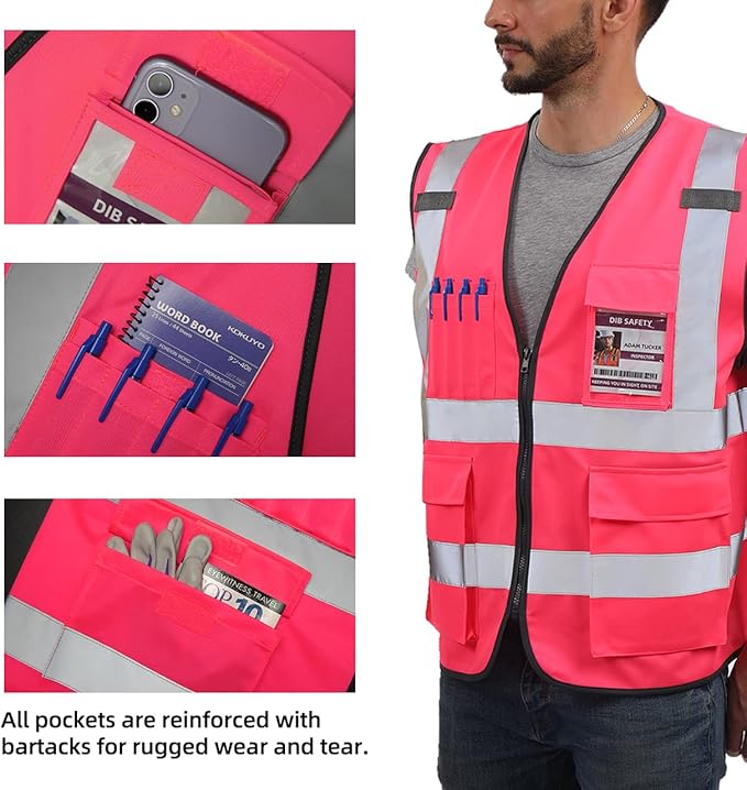 Dib Safety Reflective Vest High Visibility with Pockets and Zipper, Pink 2XL