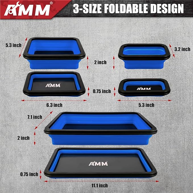 AMM Foldable Magnetic Parts Tray Set, 3 Different Size Magnetic Tool Trays for Bolts Screws Nuts & Small Metal Parts, Mechanic Tool Present for Men，Blue