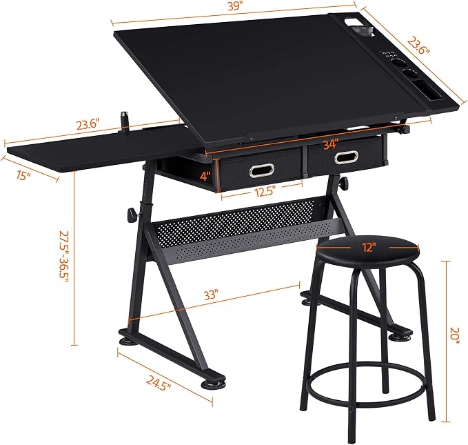 Yaheetech Adjustable Drafting Table Art Desk, Storage Drawers & Stool - Image 3