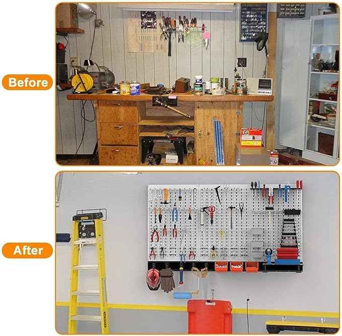 TORACK 109Pcs Pegboard Wall Organizer 4 ft. Garage Metal Pegboard Standard Utility Tool Storage Kit w/Toolboard Hooks & Pegboard Hooks Accessories, Wall Mounted Storage Bins & Shelf