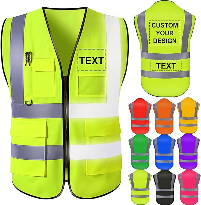 Custom Safety Vest for Men with Logo High Visibility Safety Vests Reflective with Pockets and Zipper Construction