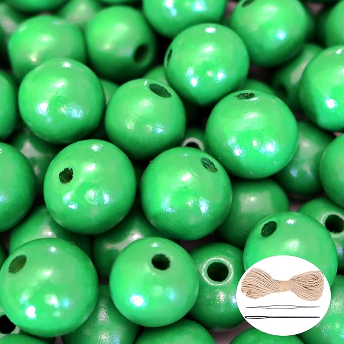 150Pcs Green Wooden Beads with Large Hole, Round Loose Beads Natural Spacer by SMANTA
