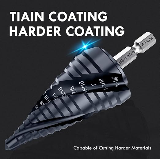 Four Sprial Flute M35 Cobalt Step Drill Bit, 1/4"-1-1/8" Ultra TiAIN Coated Unibit Step Bit, 1/4" Hex Shank Drill Bit for Metal, Stainless Steel, Aluminum, Copper, Wood, PVC