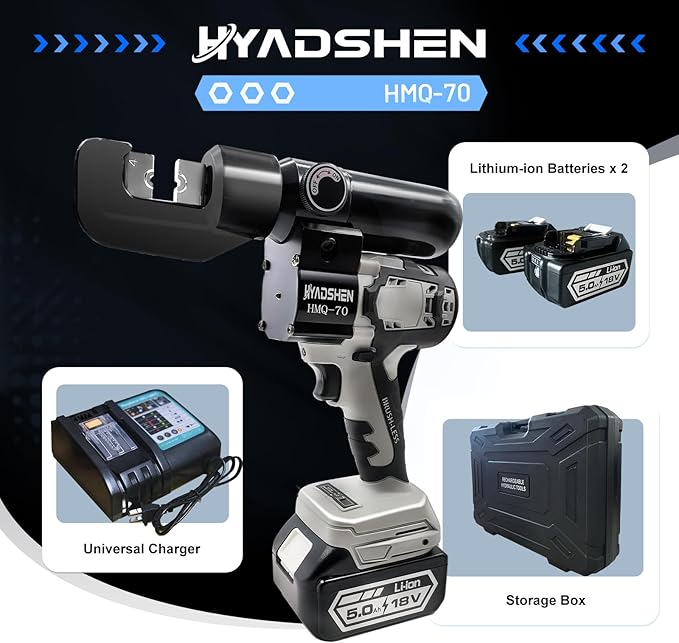 Electric Hydraulic Cable Lug Crimping Tool, Hydraulic Electrical Terminal Cable Lug Wire Crimper Rechargeable Crimping Tool Kits with 8 Dies, 12 AWG to 2/0 AWG（HMQ-70）
