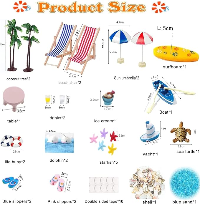 31 Pcs Beach Miniature Dollhouse Decoration, Umbrella Palm Chair Miniature Toys - Image 2