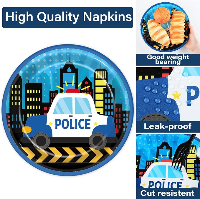 Qyeahkj 50 Guests Police Plates and Napkins Party Supplies Police Car Party - Image 3
