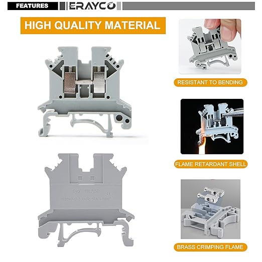 Erayco UK2.5B-B DIN Rail Terminal Block, Screw Clamp, 600V 20A 24-12AWG, Pack of 100 (Black)