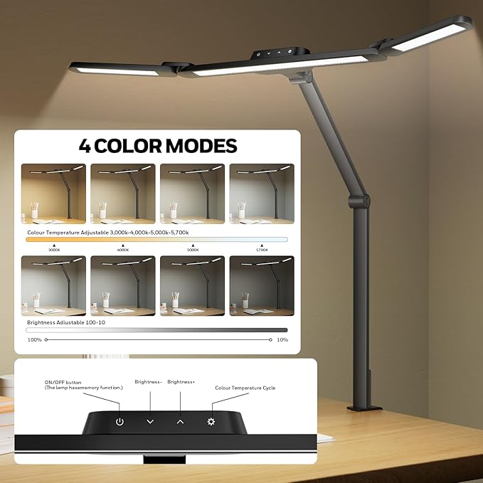 Honeywell LED Desk Lamp with Clamp, HJ3 Sunturalux Architect Desk Lamp for Home Office, Eye-Caring Computer Desk Light 22W 4 Color Modes Clip on Light Stepless Dimming Task Lamp for Working Workbench