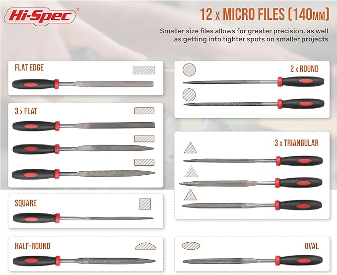 Hi-Spec 16pc Metal Hand and Small Mini Needle Steel File Set in a Carry Case. Fine, Flat, Half, Round and Triangle Files for Crafts, Metal and Wood
