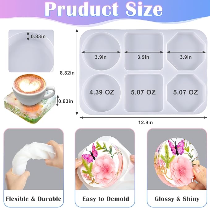 YOILES Deep Coaster Resin Molds Silicone Octagon Round Square Silicone Molds - Image 2
