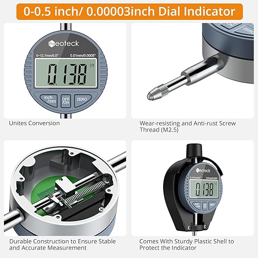 Neoteck Bore Gauge Set Digital Indicator Dial Bore Gauge (2-6"/0.0005") Measurement with Self-Centering Dial, Carbide Anvils,and Insulated Grips for Deep Engine Cylinder Measurement-Silver