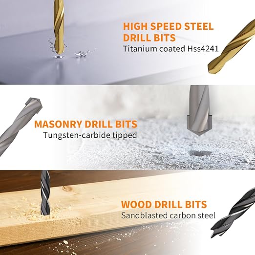 ENERTWIST Multi-Purpose Drill Bit Set,16 Pcs 5/64in to 3/8in. Titanium, Masonry, and Brad Point Bits - Ultimate Versatility for Metal, Wood, Plastic, Concrete Drilling