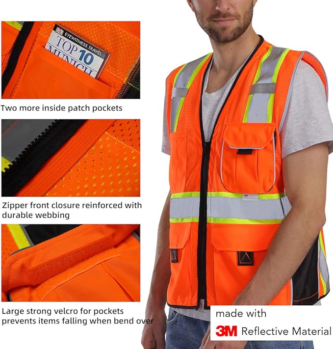Dib Safety Vest Reflective Orange Mesh, High Visibility Vest with Pockets and Zipper, Heavy Duty Vest Made with 3M Reflective Tape S