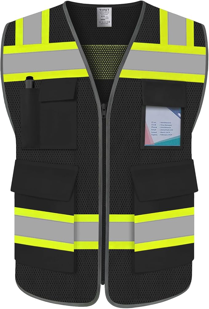 TCCFCCT High Visibility Vest 5 Pockets Mesh Reflective Safety Vest for Men Women, Hi Vis Work Vest with Reinforced Zipper and Fluorescent Orange Edge, Durable to Use, Meets ANSI/ISEA, DW-Black, 2XL