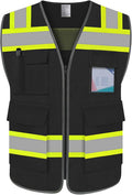 TCCFCCT Safety Vest for Men Women 5 Pockets Mesh High Visibility Reflective Vest with Reinforced Zipper, Durable Construction Work Vest with Fluorescent Orange Edge, Meets ANSI/ISEA, DW-Black, L