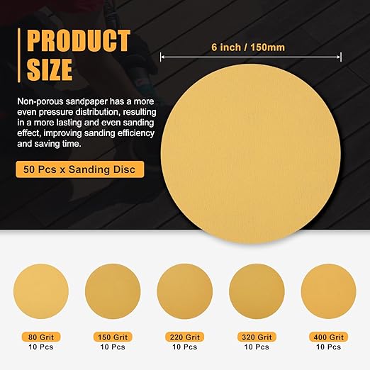 50 Pcs 6 Inch Sanding Disc 80/150/220/320/400 Grit Round Hook and Loop Sandpaper for Random Orbital Sander Automotive Car