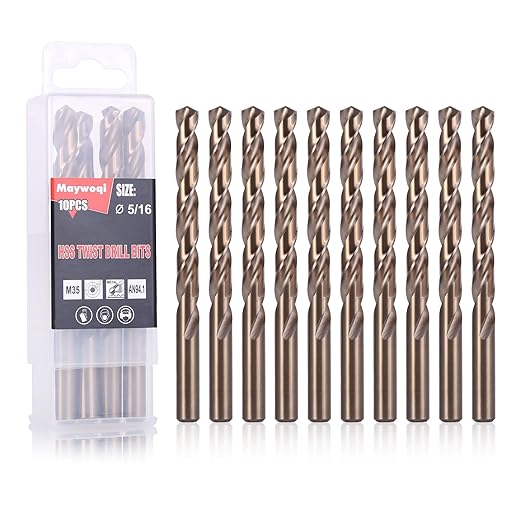 5/16 Inch Cobalt Drill Bit Set (10Pcs), M35 Fully Grounded 5% Cobalt Bits for Hardened Metals, Stainless Steel, Cast Iron and Wooden Plastics, with Storage Box