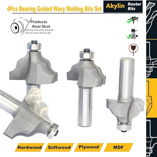 4Pcs Wavy Edge Molding Router Bits,1/2" Shank,3/4",7/8",1-1/8",1-1/4" Cutting Height for Wood Table Edging,Picture Frames Profiling,Furniture Moulds Projects with Bearing Guided