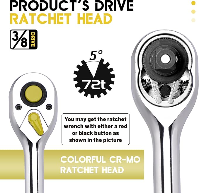 3/8 Inch Drive Ratchet Wrench, 3/8 Ratchet Wrench, Socket Wrench, 72-Tooth Quick-release Reversible Cr-Mo Head, Chrome Steel Made - 7.9''20cm