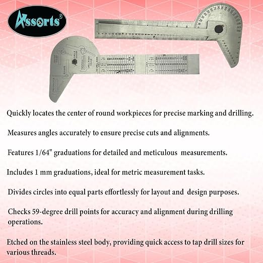 Assorts Multi Purpose Protractor Square Rule Centre Finder Divider Drill Point Gauge
