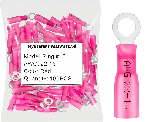 haisstronica 100pcs #10 Red Marine Grade Heat Shrink Ring Connectors,22-16 Gauge Tinned Red Copper 0.7mm Ring Terminals Connectors,Brazed-Seam Insulated Electrical Crimp Wire Terminals