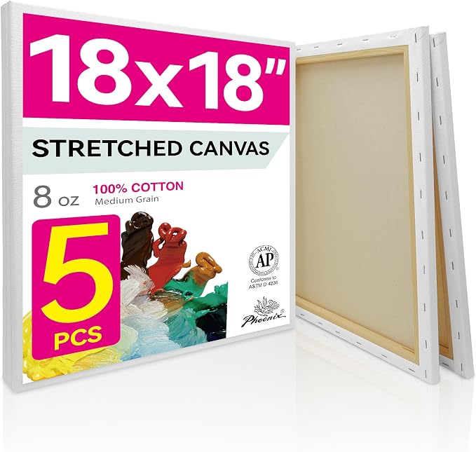 PHOENIX Large Stretched Canvas for Painting 18x18 Inch/5 Value Pack, 8 Oz by PHOENIX