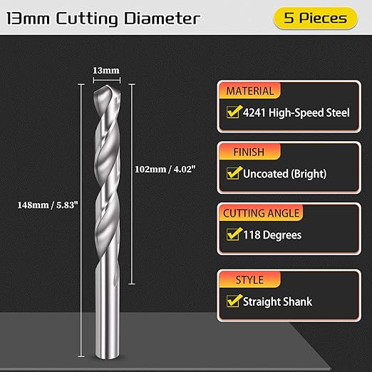 Drill Bit, 13mm Cutting Diameter, 4241 HSS 118° Cutting Angle Uncoated Bright Versatile Jobber Bits - (Applications: for Drilling Plastic Wood Soft Metal), 5-Pieces