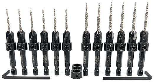 FTG USA Countersink Drill Bit Set for Wood with Tapered Drill Bit 6 Pc #4 (7/64"), 6 Pc #6 (9/64")