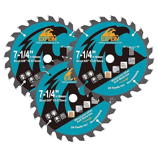 7-1/4 Inch Miter/Table Saw Blades 3pcs, 24 Teeth ATB TCT Fine Finish Wood Cutting Circular Saw Blade with 4/5 Inch Arbor