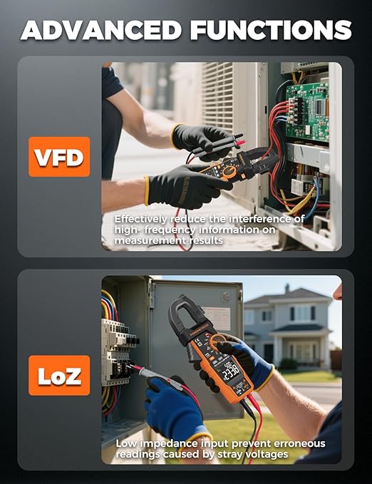 Digital Inrush Clamp Meter, CM06 Clamp Multimeter, T-RMS 6000 Counts 600A Amp Voltage Tester with VFD, LOZ, Measures NCV, AC/DC Voltage Current, Continuity Capacitance Frequency Resistance