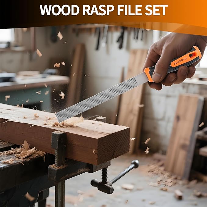 KUZURYU Woodworking Rasp Set – 3PCS Multi-Shape Precision Wood Files（Flat, Half-Round, Round） with Ergonomic Handles for Carpentry, DIY, and Wood Restoration