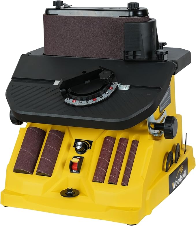 4A Variable Speed Oscillating Belt and Spindle Sander - 4x24” Belt, 5 Sanding Sleeves, 1000-1800RPM Adjustable Speed Control for Woodworking Projects - Efficient Dust Collection for Smooth Finishes