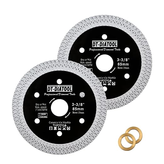 DT-DIATOOL Diamond Tile Blade 3-3/8" (85mm) Cutting Porcelain Tile Ceramic Marble Granite Circular Saw Blade with X Mesh Segment Arbor 10mm-15mm Pack of 2