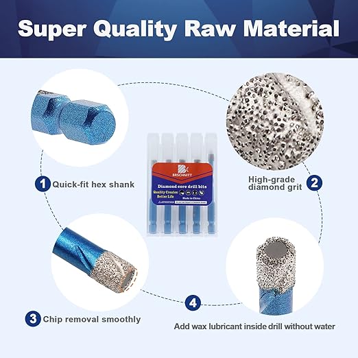 Diamond Drill Bit - BRSCHNITT 1/4 inch Masonry Drill Bits Set for Porcelain Tile Ceramic Stone Granite Marble,Hex Shank Diamond Hole Saw Drill Bit(5pcs/Pack).